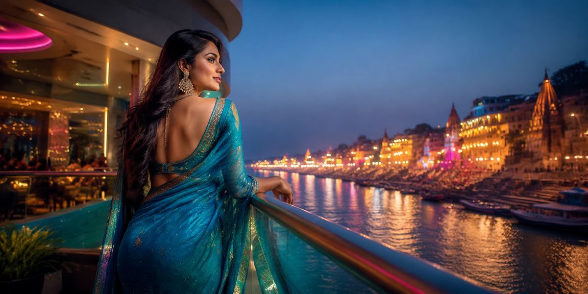 Varanasi ghat evening view with festive lights